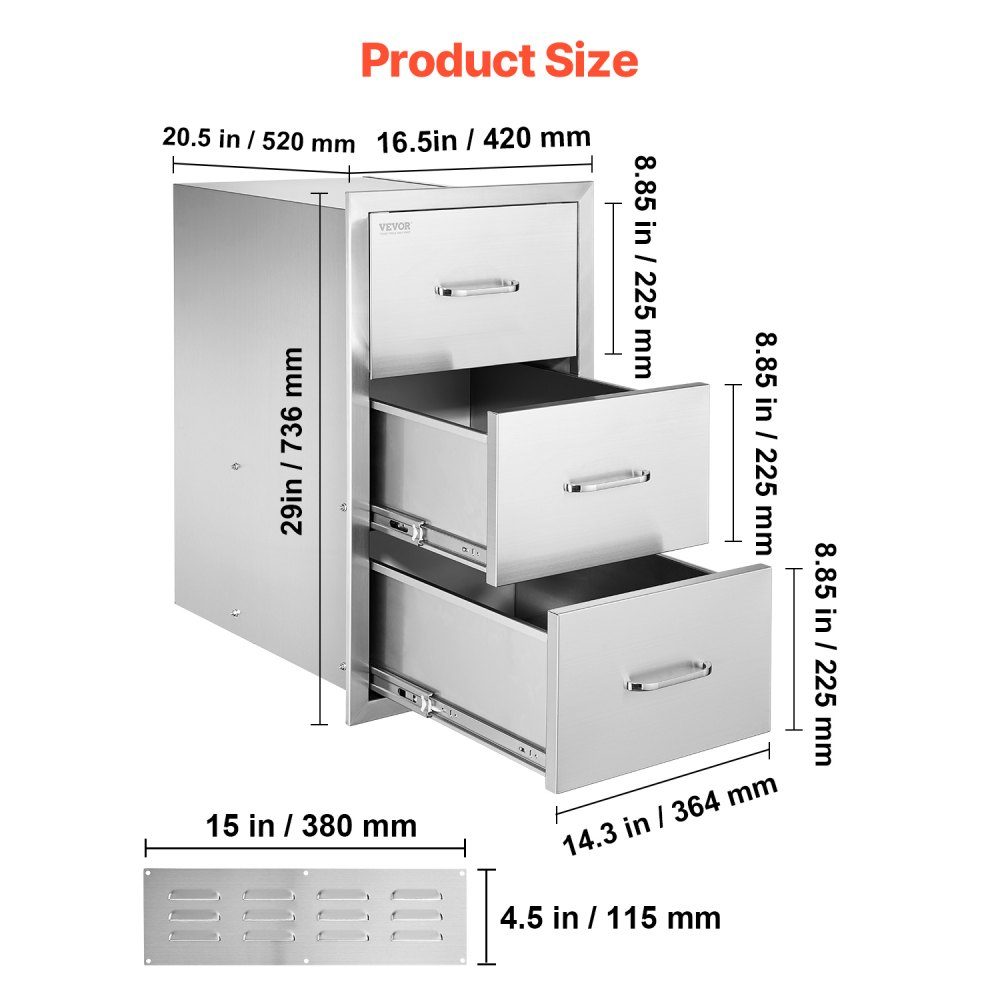 Outdoor Kitchen Drawers, Triple Access Stainless Steel Drawer Cabinet, Grill Island Drawer Storage with Paper Towel Holder and Handle, for Grill Station