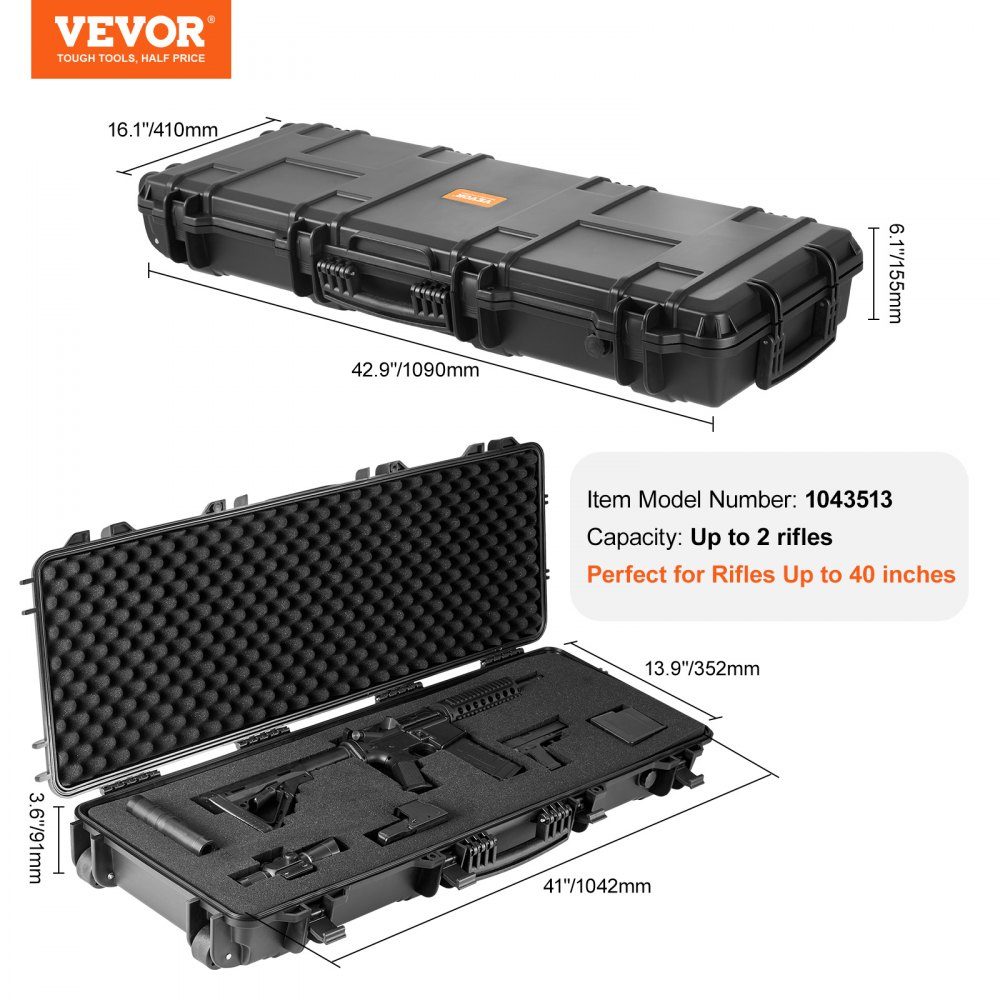 Rifle hard case with 3 layers of fully protective foam, lockable hard gun case, waterproof & rollable long gun case, for 109 cm rifles or shotguns