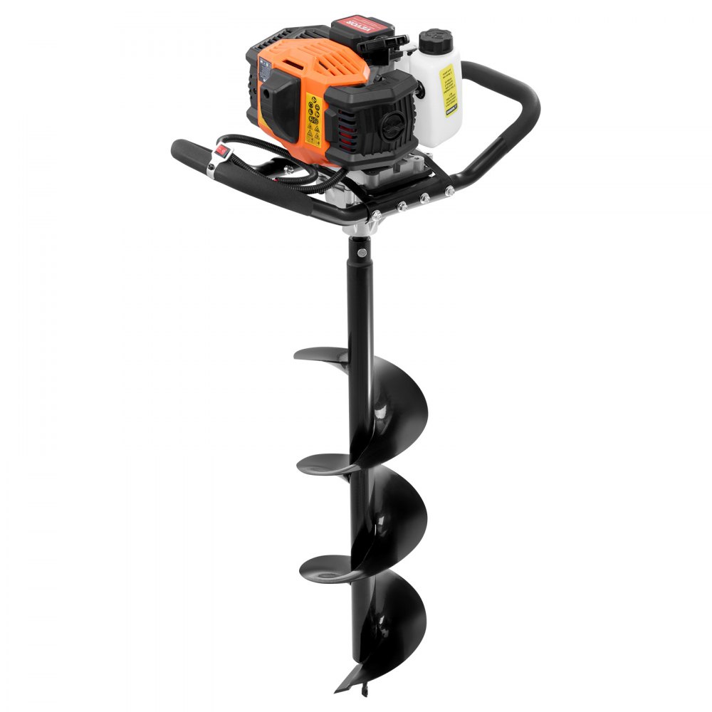 Erdbohrer mit Benzinmotor, 52 CC, 1450 W, Benzinbohrer mit 8-Zoll-Bits und 1 Verlängerungsstange, Pfostenzaunlochbohrer für Ackerland-Gartenpflanzen, Orange + Schwarz