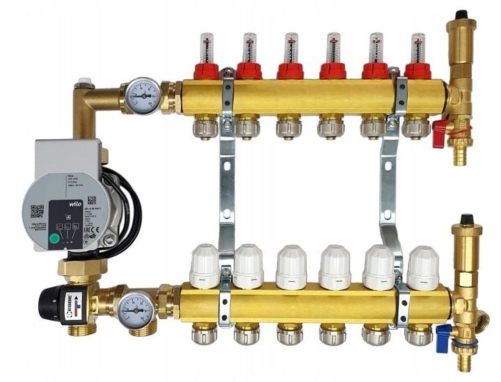 Distributeur de circuit de chauffage Distributeur en laiton pour chauffage au sol à 6 circuits avec mitigeur Esbe et groupe de pompes Wilo Distributeur de circuit de chauffage Distributeur en laiton pour chauffage au sol à 6 circuits avec mitigeur Esbe et groupe de pompes Wilo