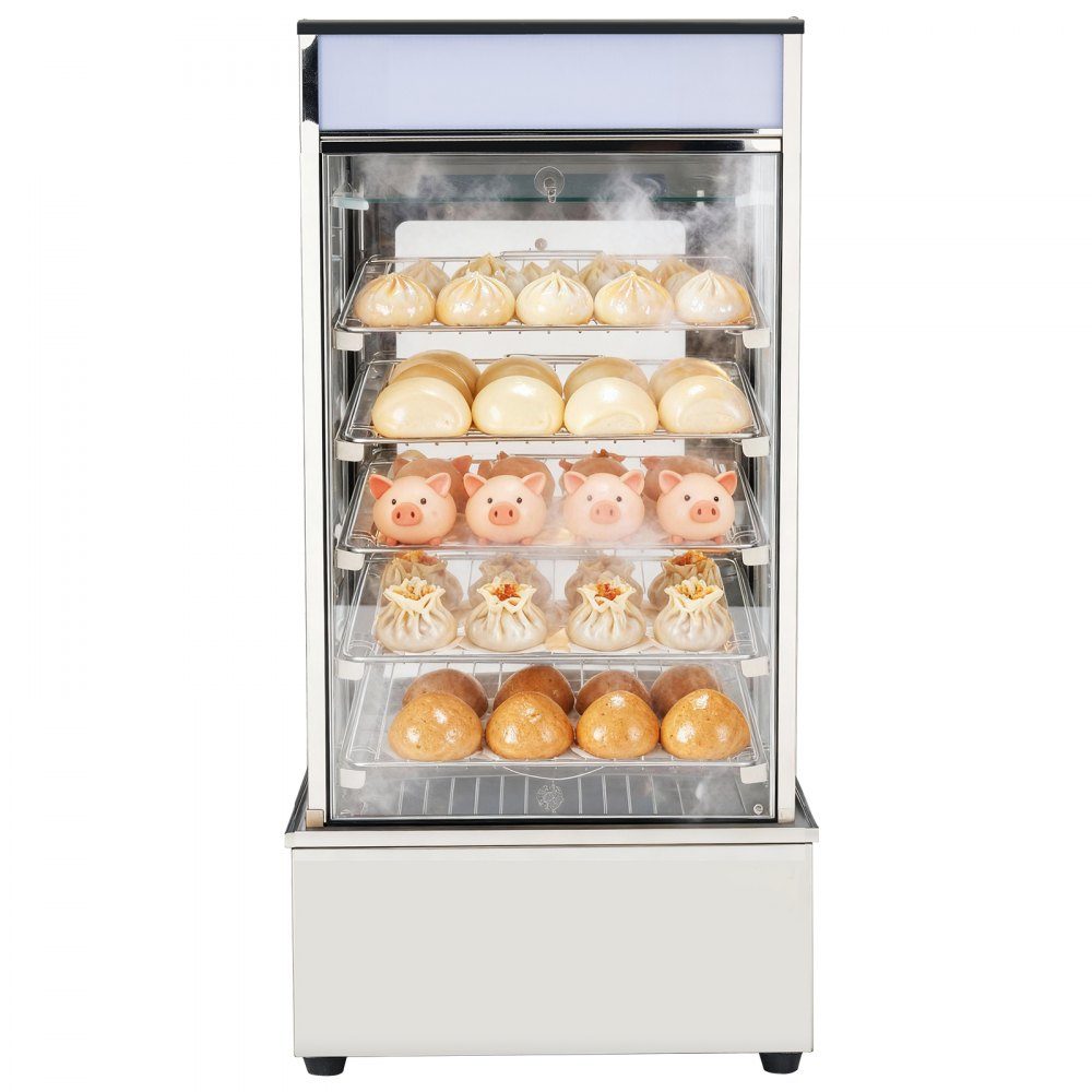 5-stopniowy komercyjny podgrzewacz do żywności 120 l od 30 do 110 ℃, garnek do gotowania na parze o mocy 1200 W, oświetlenie LED i regulowane półki oraz rama ze stali nierdzewnej, witryna grzewcza na chleb hamburgerowy Mantou – Nr kat. HT-24156