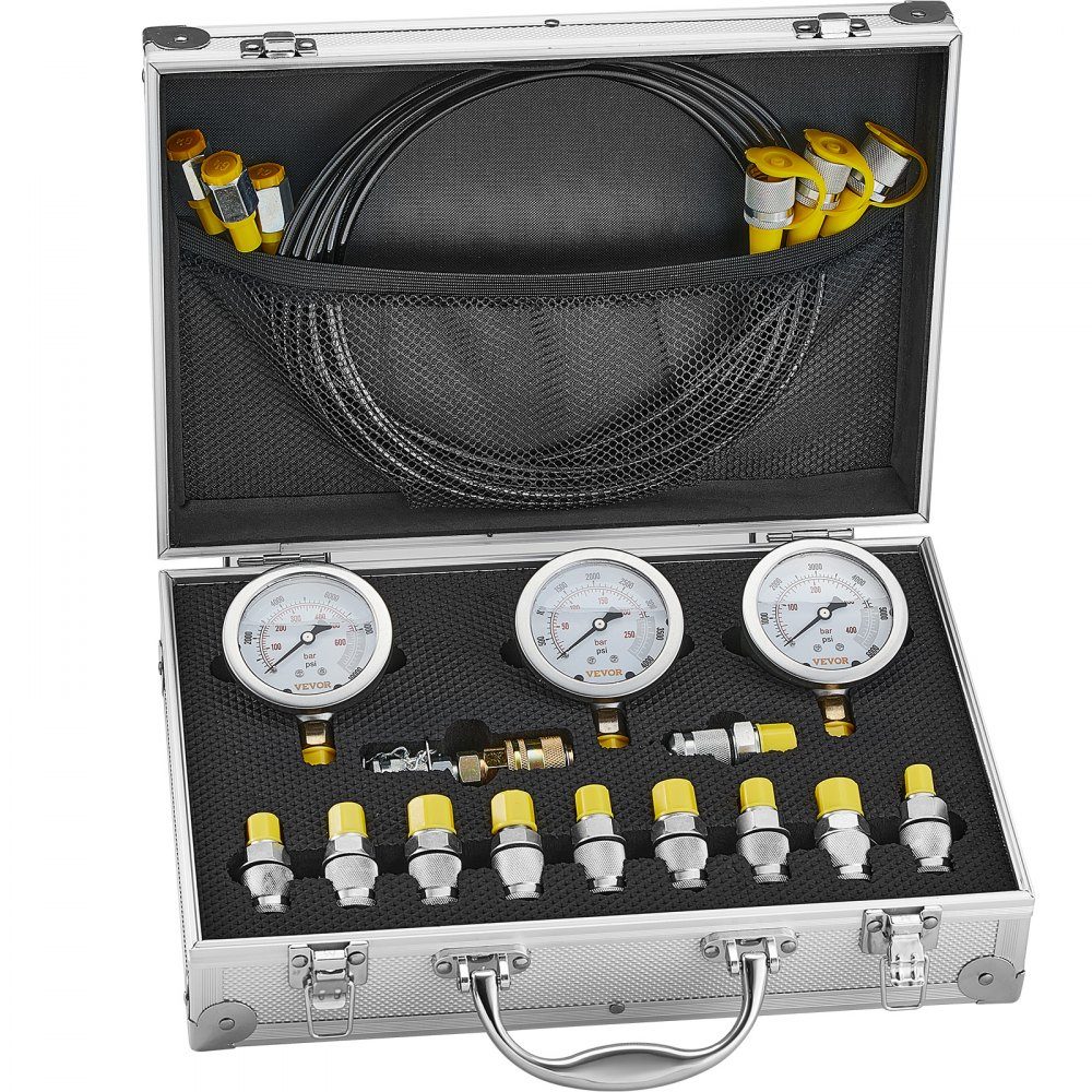Kit de test de pression hydraulique, 250/400/600 bar, 3 jauges, 11 raccords de test, 3 tuyaux de test, ensemble de jauges de test hydraulique pour excavatrices avec sac de transport portable pour excavatrices, tracteurs, machines de construction