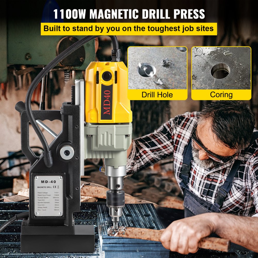 1100W Magnetbohrmaschine Magnetbohrmaschine 12000 N Elektrische Kernbohrmaschine Industriebohrmaschine mit 12 Bohrern, max. Tiefe 55 mm, für Schiffs- und Brückenbau, Stahlbau