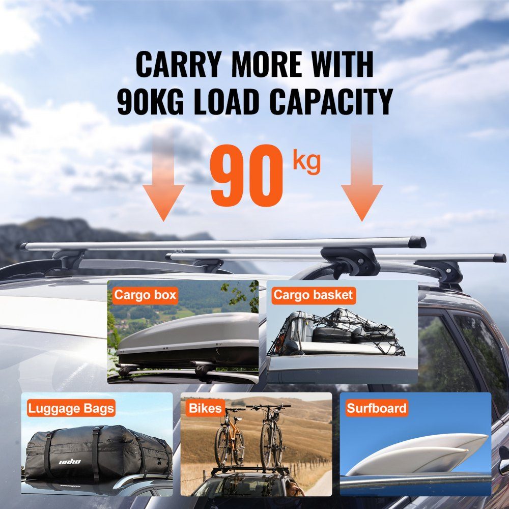 Porte-bagages de toit universel pour voiture, barre transversale en aluminium, capacité de charge de 90 kg, pour rail latéral surélevé avec espace, adapté à la distance intérieure de la poutre de toit 19-116 cm, diamètre du tube 28-68 mm
