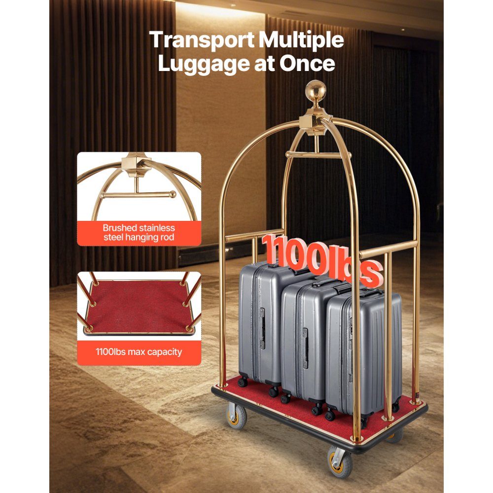 Hotel Luggage Cart 500kg Load Capacity Curved Stainless Steel Luggage Cart with Red Carpet Floor and 15cm Rubber Wheels Ideal for Hotels, Condominiums, Resorts