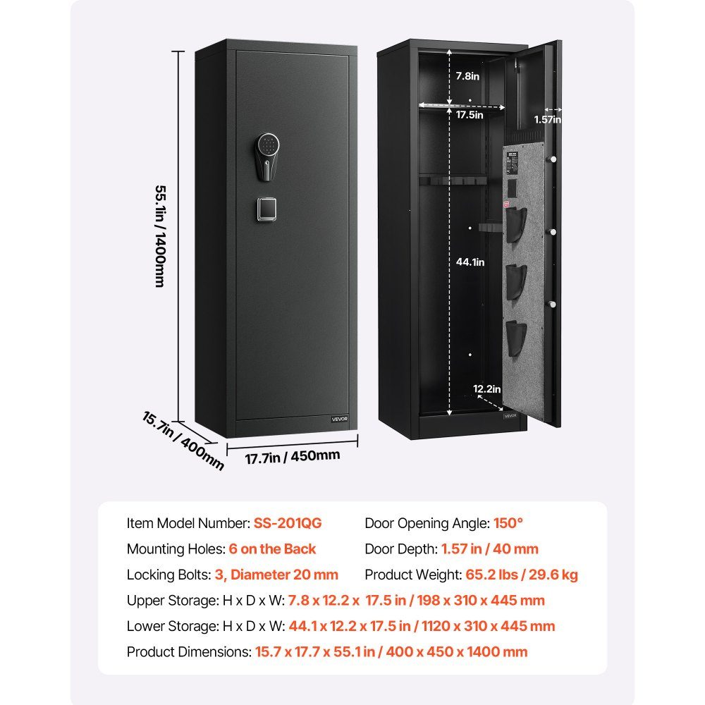 Armoire à armes, armoire à armes avec accès rapide, 3 compartiments à pistolet et supports réglables, armoire à armes d'épaule, coffre-fort pour fusil avec verrouillage par empreinte digitale et mot de passe, noir, assemblage requis