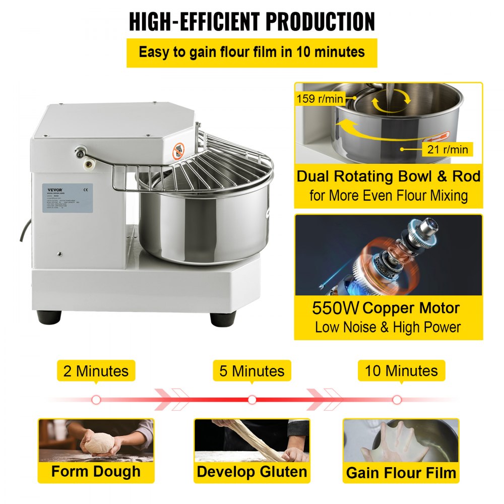 Dough kneading machine food processor, 8 L stainless steel dough mixer, 450 W, adjustable (130/233/414 rpm), including stainless steel bowl, safety shield, timer, ideal for bakeries, restaurants, pizzerias Dough kneading machine food processor, 8 L stainless steel dough mixer, 450 W, adjustable (130/233/414 rpm), including stainless steel bowl, safety shield, timer, ideal for bakeries, restaurants, pizzerias