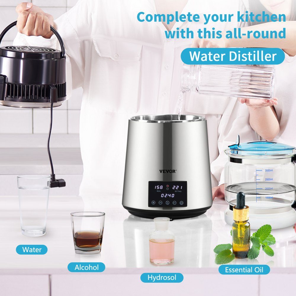 Distillateur d'eau avec contrôle de température, distillateur en acier inoxydable 4 L, distillateur d'eau 1750 W, distillateur d'eau pure avec pichet en verre, 1,5 L/heure. Appareil de distillation Appareil de distillation d'eau – Réf. HT-23645