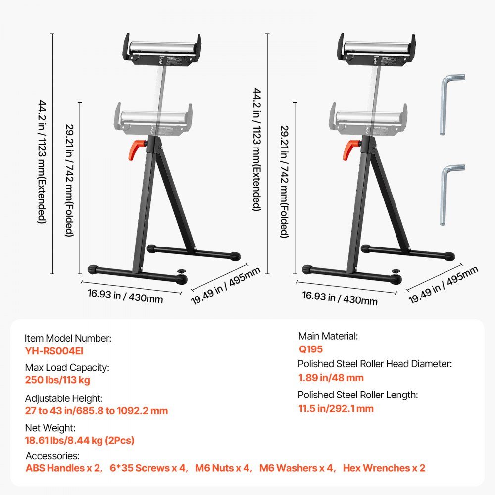 Set van 2 rolstatief, draagvermogen 113 kg, in hoogte verstelbaar van 68-109 cm, opklapbare werkbok met rolkop en randgeleiders van gepolijst staal, voor tafelzaaguitloop, verlengingssteun