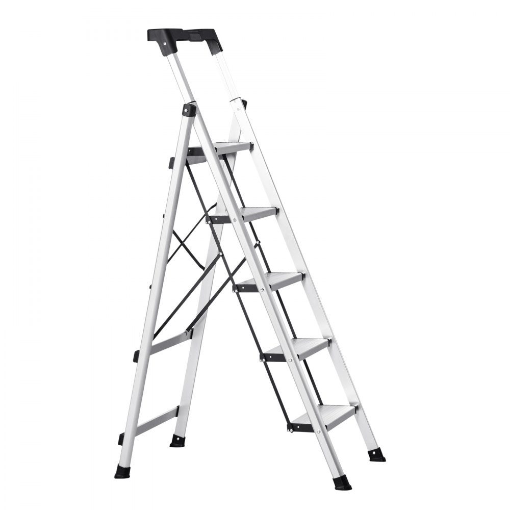 Step Ladder 5 Steps, Folding Ladder with Anti-Slip Steps & Comfortable Handle, Household Ladder Load Capacity 150kg, Aluminum Safety Ladder for Kitchen, Warehouse, Home & Office, Silver