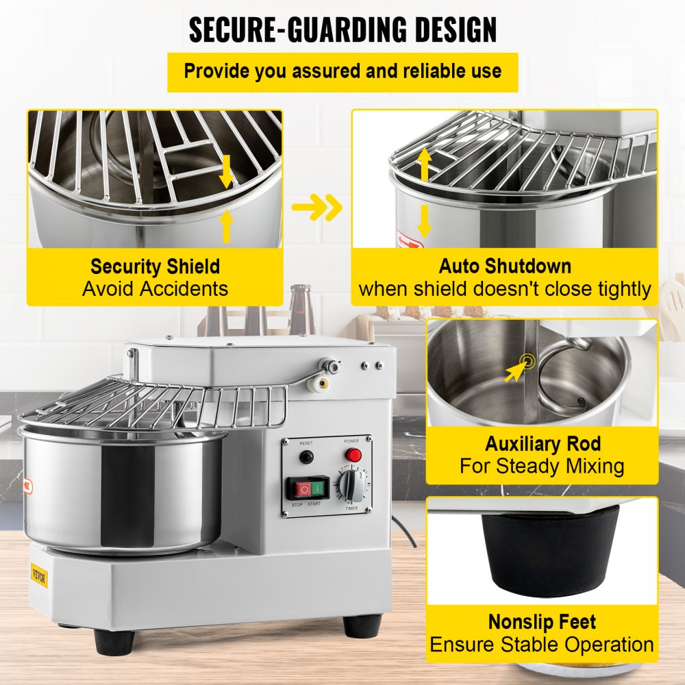 Dough kneading machine food processor, 8 L stainless steel dough mixer, 450 W, adjustable (130/233/414 rpm), including stainless steel bowl, safety shield, timer, ideal for bakeries, restaurants, pizzerias Dough kneading machine food processor, 8 L stainless steel dough mixer, 450 W, adjustable (130/233/414 rpm), including stainless steel bowl, safety shield, timer, ideal for bakeries, restaurants, pizzerias