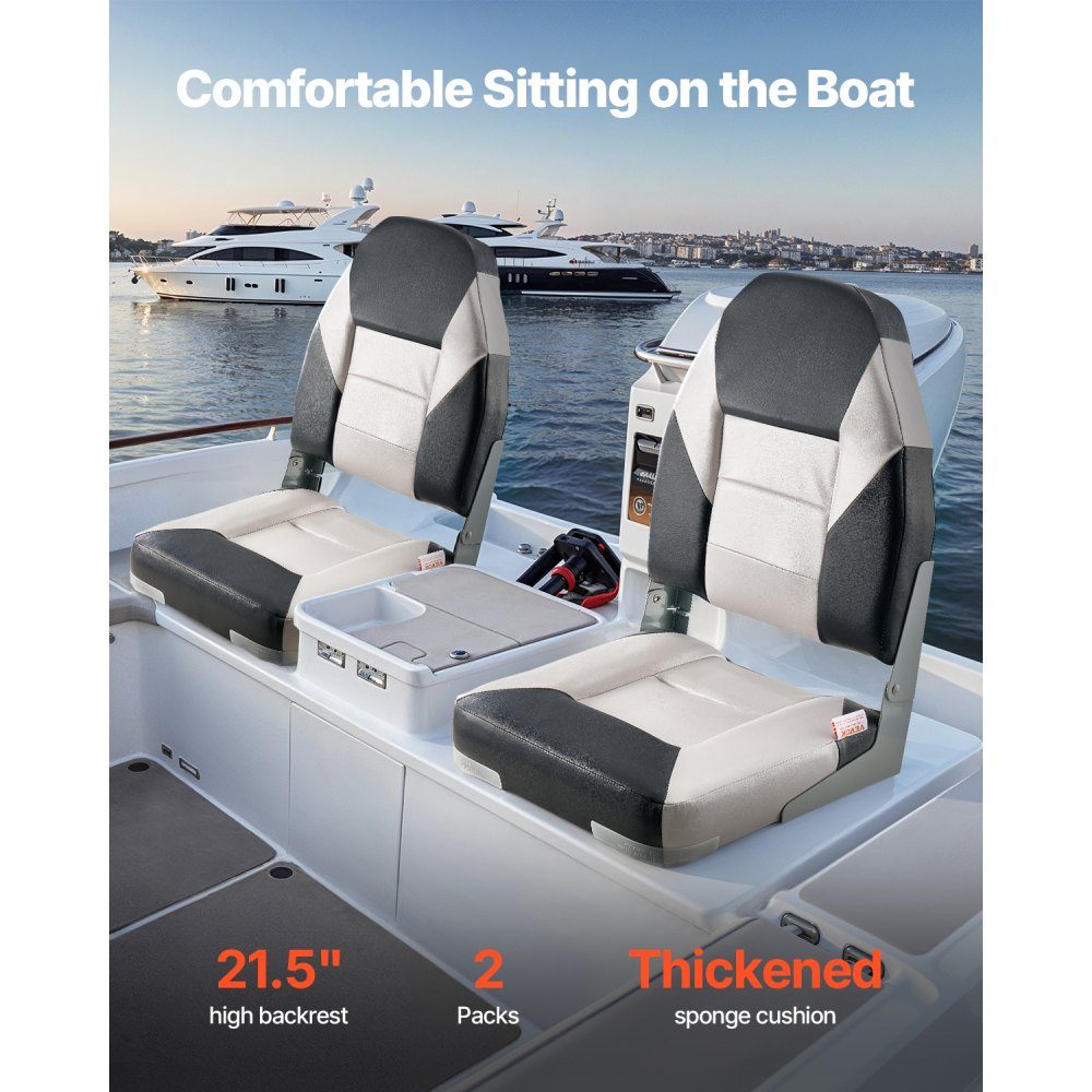 2pcs High Back Boat Seat Folding Fishing Boat Seat with Thick Sponge Cushion and Waterproof PVC Leather Aluminum Alloy Hinges Black Gray