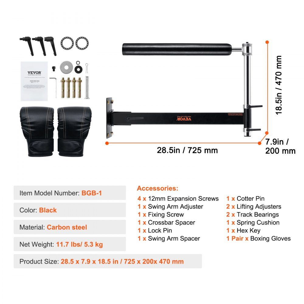 Wall Mounted Boxing Reflex Bar Boxing Speed ​​Trainer Boxing Spinning Bar with Gloves Adjustable Training Equipment for Boxing Training Kickboxing MMA Stress Relief Fitness Black