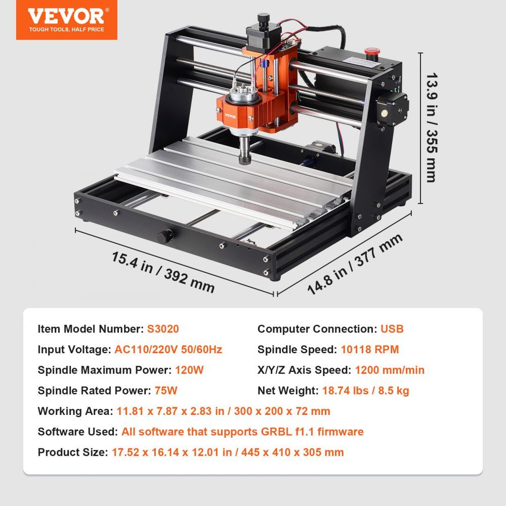 CNC Milling Machine 120W Engraving Machine 3 Axis GRBL Control Wood Engraving Carving Milling Machine Kit 300x200x72mm Work Area 1200RPM for Wood Acrylic MDF PVC Plastic Foam