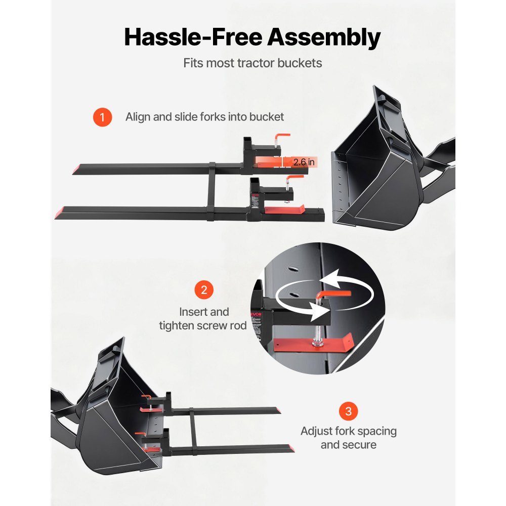 Fourches à palettes, porte-fourche à clipser 907 kg, longueur totale 1490 mm, fourches avec barre stabilisatrice réglable pour accessoires de tracteur, godet de chargeur et chargeuse compacte, noir – Réf. HT-22950