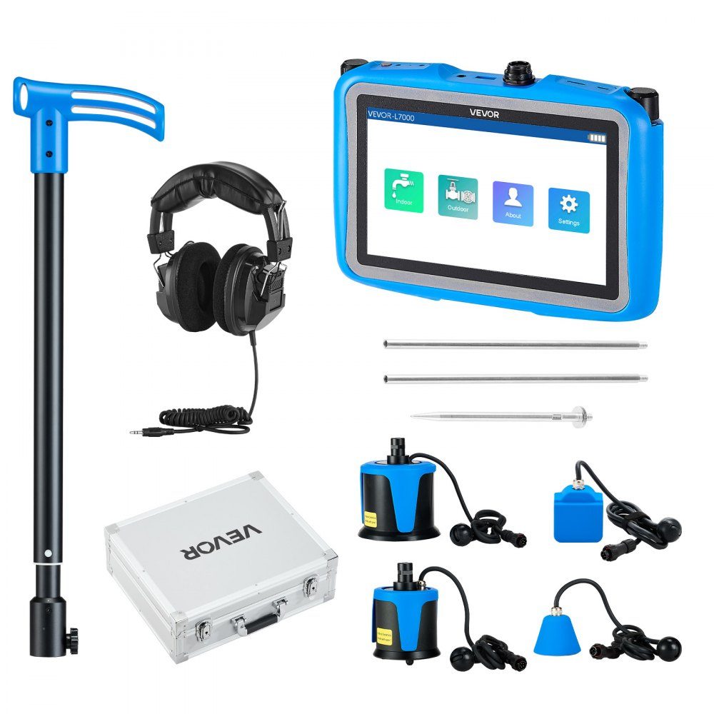 Leidingwaterlekdetector met 4 sensoren, 1 Hz - 10.000 Hz, 7 inch touchscreen, ondergrondse pijpdetector met 3 luisterstaven, hoofdtelefoon, kaart van 8 GB en draagtas