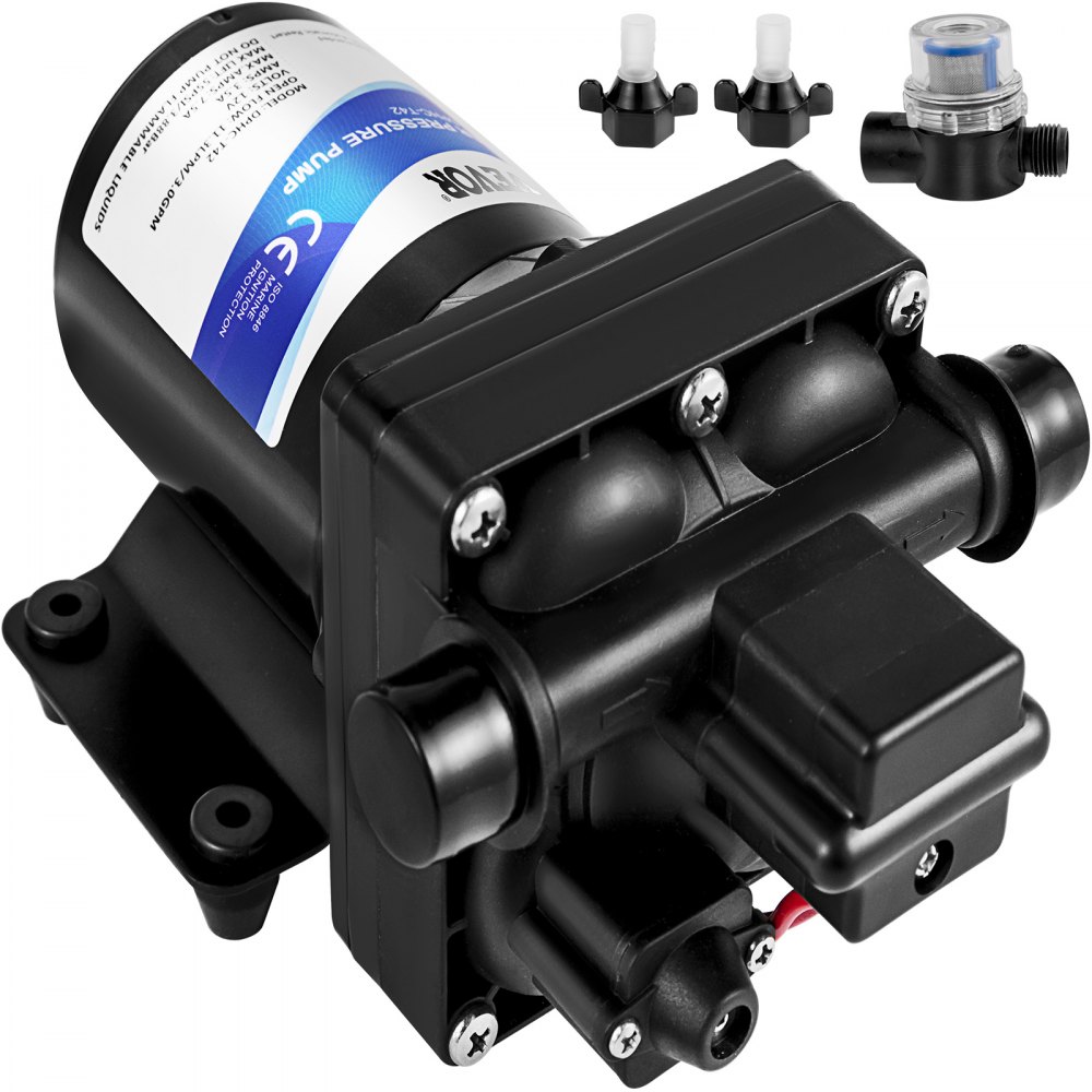 12 V hogedrukmembraanwaterpomp, 3 GPM hogedrukmembraanwaterpomp van polypropyleen, max. druk 45 psi zelfaanzuigende waterpomp, met ingebouwde terugslagklep, voor caravan, boot 12 V hogedrukmembraanwaterpomp, 3 GPM hogedrukmembraanwaterpomp van polypropyleen, max. druk 45 psi zelfaanzuigende waterpomp, met ingebouwde terugslagklep, voor caravan, boot