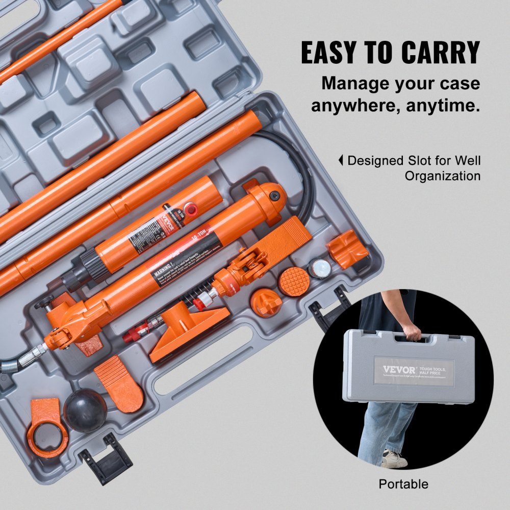 Hydraulic Cylinder Set, 12T Portable Hydraulic Jack with 1.4m Oil Hose, Body Frame Repair Kit with Storage Case for Car Repair Truck Farm Orange