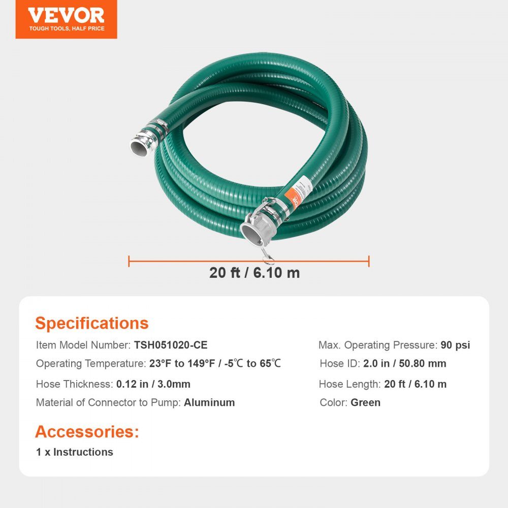 50,8 mm x 6,1 m zuigslang, pompslang met camlock-connectoren en aluminium connectoren, geschikt voor verschillende pompen, afvalwaterbehandeling, watertransport en andere doeleinden