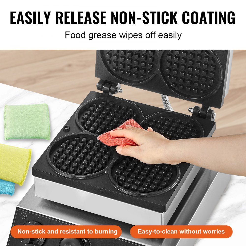 Commercial Waffle Maker Waffle Maker 1750W Non-Stick Stainless Steel Belgian Waffle Maker with Temperature and Time Control for Restaurant Bakery Snack Bar 4 Round Waffles