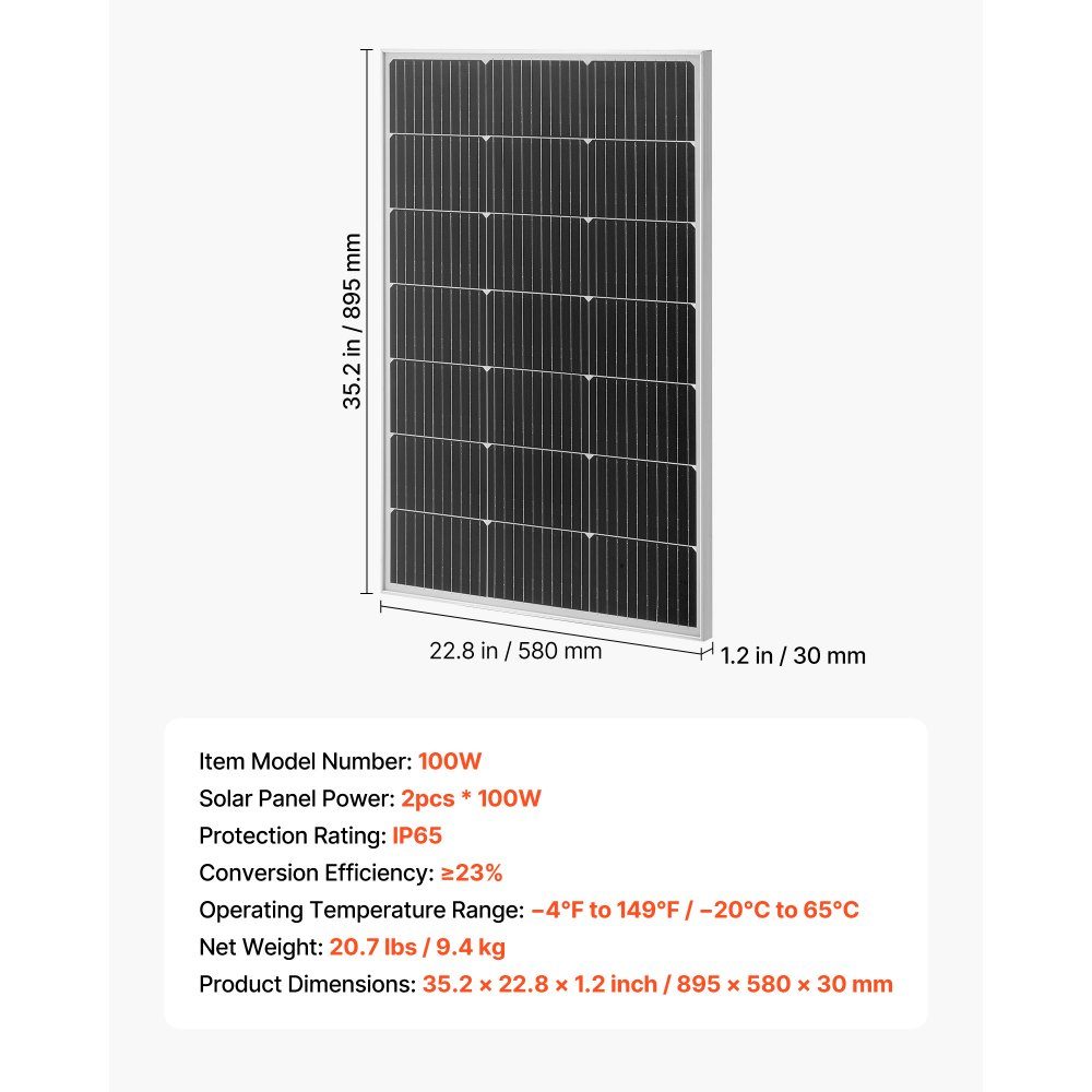 Monocrystalline Solar Panels 100W 2 Pack PV Module with MC4 Output and Aluminum Frame Solar Panel IP65 Waterproof Off Grid Balcony Power Plant for Car Boat RV Flat Roof
