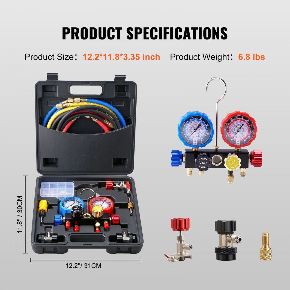 Refrigerant Pressure Gauge 4 Way Car Refrigerant Distributor Gauge Set R134A-R12-R410A-R22 AC 4pcs 1524mm Charging Hoses Refrigerant Distributor Gauge AC Diagnostic Tools Car Air Conditioner