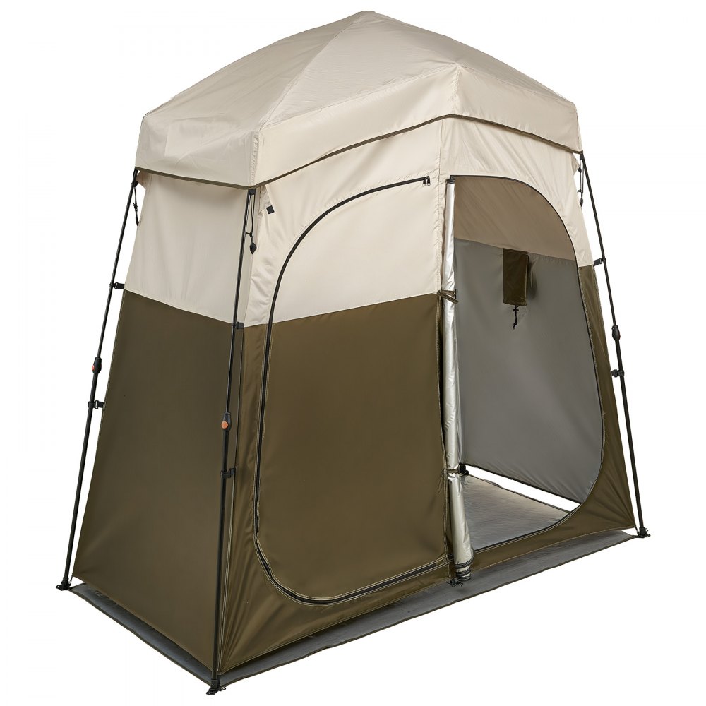 Tente de douche, tente de toilettes (2140x1120x213 cm) avec écran d'intimité et 2 pièces, tente à langer avec piquets, cordes et sac de transport, tente d'intimité en tissu Oxford 150D pour le camping, la plage, la pêche