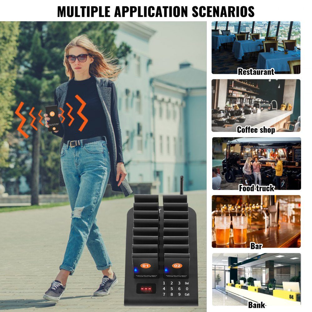 Système de téléavertisseur de restaurant, signal de file d'attente sans fil avec portée de 500 m, bip d'appel invité avec vibration et clignotant, 16 téléavertisseurs pour camion de nourriture, église