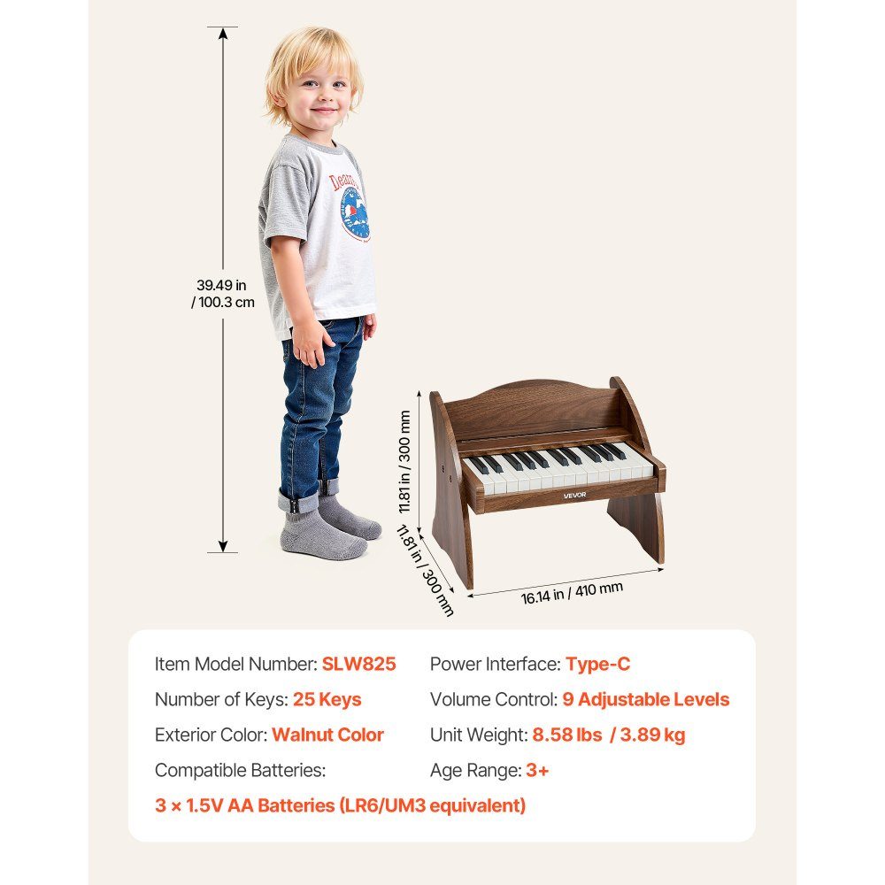 Children's keyboard, 25 keys, electric piano, wooden piano for children aged 3 and over, musical toy with realistic sound, dual power, adjustable volume, early musical education, walnut wood