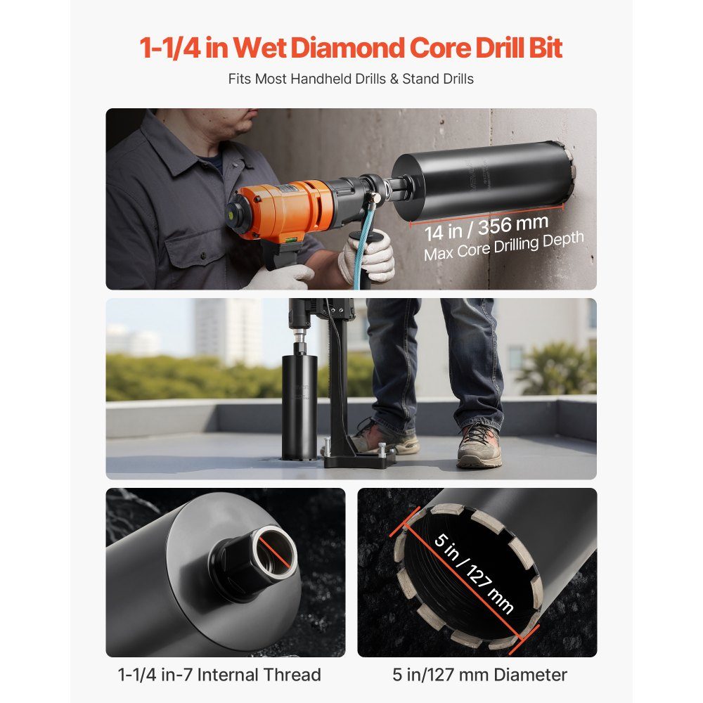 Core drill φ 127 mm, 356 mm drilling depth, 1-1/4 inch-7 internal thread, high-precision welding technology, wet diamond core drill, core hole drill for reinforced concrete brick masonry