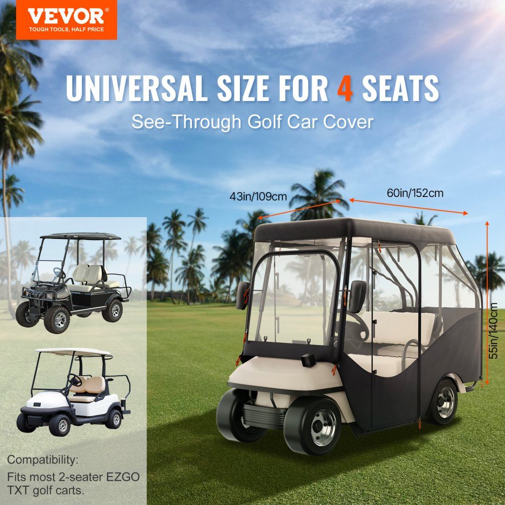 Clear Golf Cart Rain Cover 4 Person Golf Cart Cover 152x110cm 420D Polyester Waterproof Portable Mobile Golf Cart Storage Cover Fits EZGO TXT Golf Carts