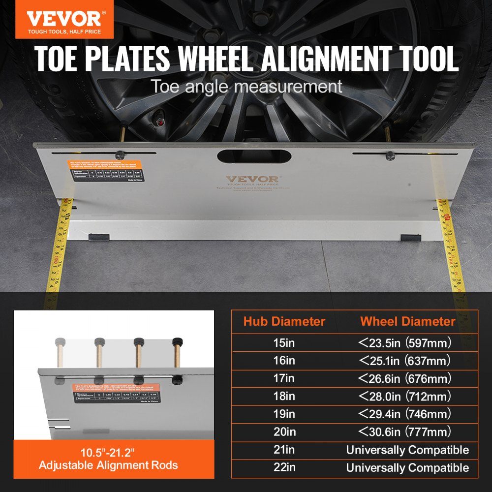 Wheel alignment device, pack of 2 wheel alignment plates, stainless steel toe angle measuring plate, 4 alignment rods and magnetic slots, including tape measures and conversion table