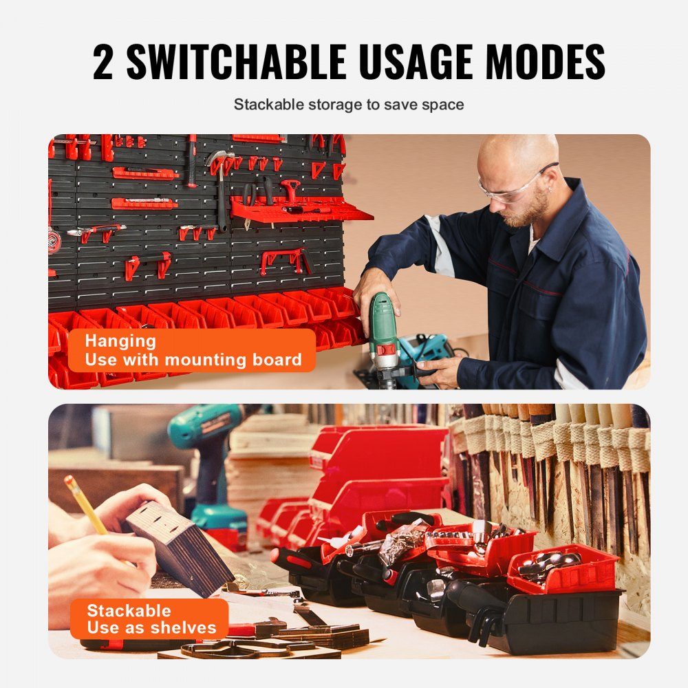 Stacking Boxes, 30 Container Pieces Shelf Organizer for Garage, Plastic Shop Tool with Wall Panels/Tool Holders/Hooks, for Nuts, Bolts, Screws, Nails, Beads, Buttons, Black/Red