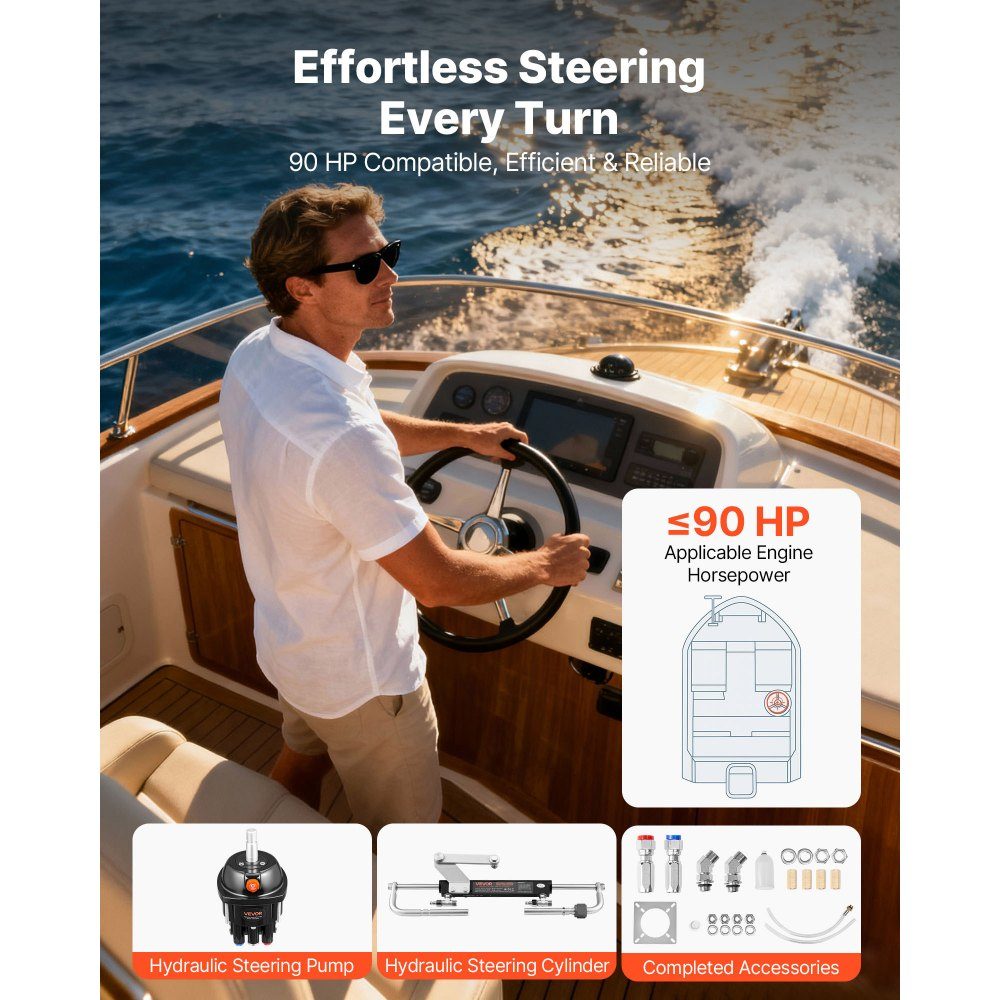 Outboard Hydraulic Steering Kit, 70kW (90HP) Hydraulic Steering Pump and Cylinder, 6.9MPa Working Pressure, Aluminum Alloy Housing, Check Valve, for Outboard Motors, Fishing and Sailboats