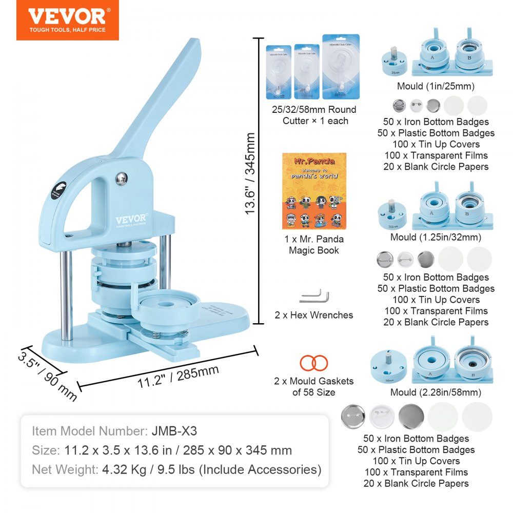 Button Maker Button Making Machine 25/32/58mm 3 in 1 Pinmaker 300 Button Parts Button Maker Machine with Panda Magic Book Bow Handle Punch Set for DIY Gifts for Kids