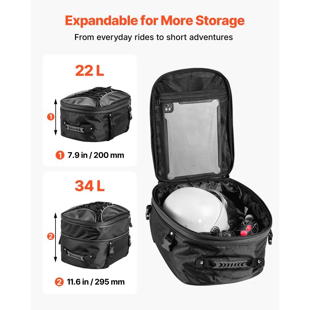 Motorrad-Hecktasche, Rücksitztasche (22–34 l), mit wasserdichtem Regenschutz, Motorrad-Gepäckaufbewahrung, Gepäckträgertasche mit Riemen und Gummiband, Motorradgepäck, Schwarz