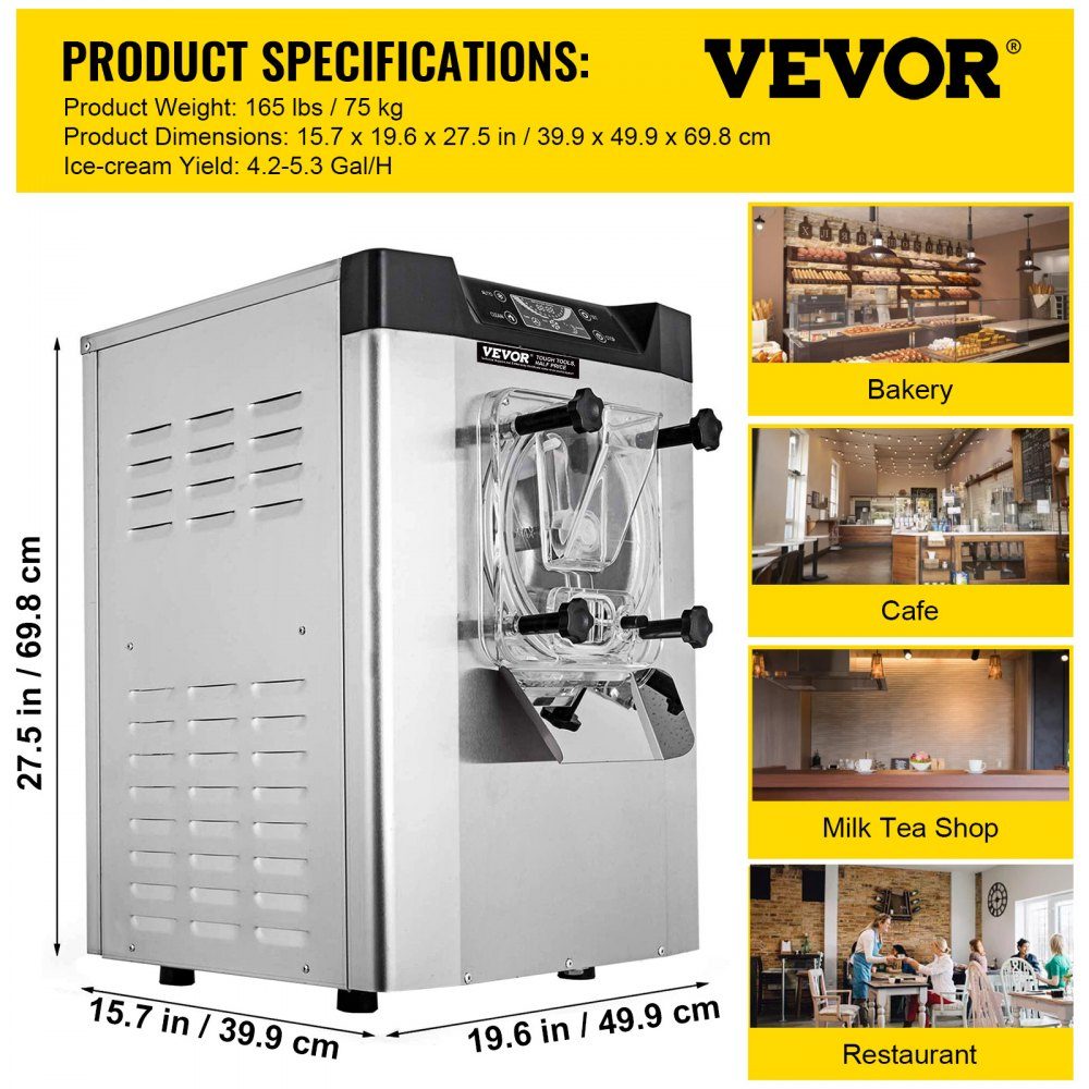 Commercial Ice Cream Machine Ice Cream Machine 16-20 L/H Ice Cream, 1400W Hard Ice Cream Machine with Smart LCD Display and Various Flavors, for Snack Bar, Restaurant Silver