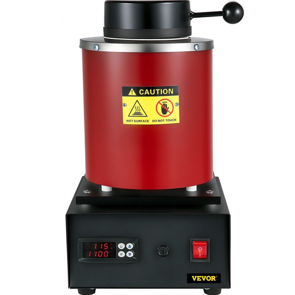 Goldschmelzofen 1350 W, 1150 ℃ max. Temperatur, digitaler elektrischer Schmelzofen, 3 kg Keramiktiegel mit Barrenmatrize und Handschuhen, für die Verarbeitung von Gold, Silber, Kupfer, Aluminium, Rot