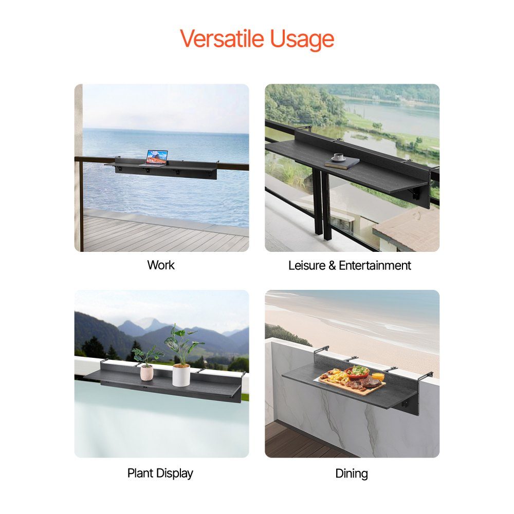 Balkontisch, 1500 x 300 mm, klappbarer Balkon-Hängetisch, Klapptisch für den Außenbereich, 22 kg Tragkraft, geeignet für Geländer von 2,54 bis 15 cm, Serviertisch für Terrasse und Deck