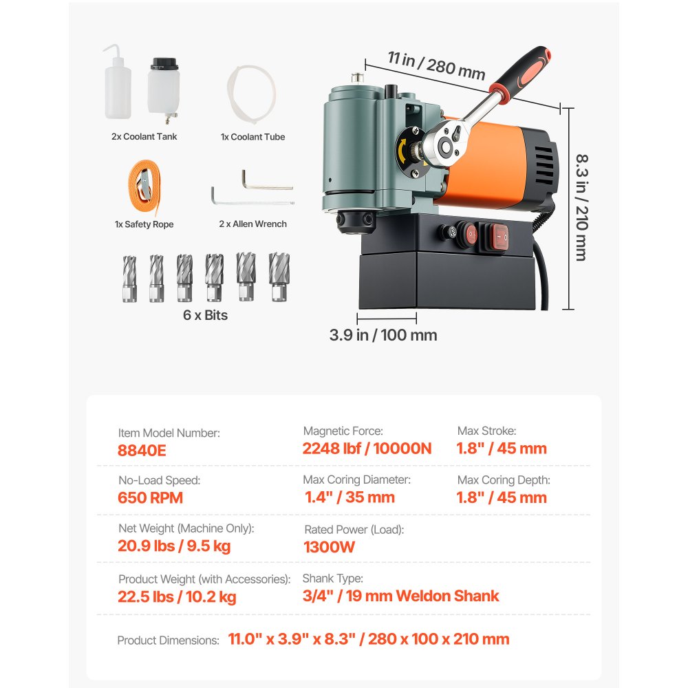 Low-Profile-Magnetbohrmaschine, 1300 W, 35 mm Bohrdurchmesser, 10000 N Leistung, tragbare Magnetbohrmaschine mit Weldon-Schaft für Metalloberflächen, industrielles Heimwerken