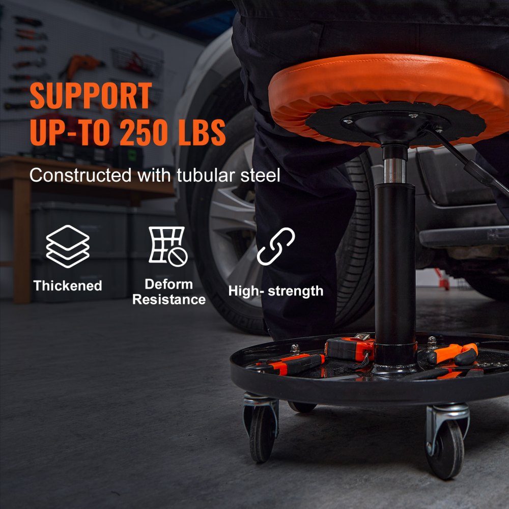 Rollbarer Mechanikerhocker, Werkstatthocker, 250 lbs, 16"-22" höhenverstellbarer Werkstattsitz, Werkstatthocker mit Werkzeugablage, für Garage, Geschäft, Autoreparatur, Schwarz + Orange