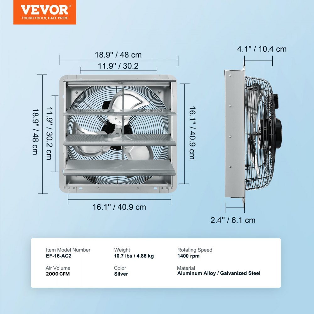 Exhaust Fan 406mm 1400RPM 1506CFM Aluminum Wall Fan with AC Motor Ventilation and Cooling for Greenhouse Garage Shed Shop – Part No. HT-22746
