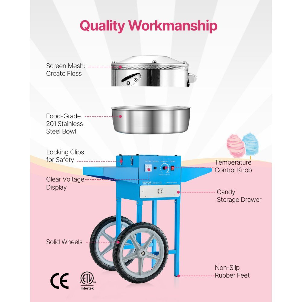 Machine à barbe à papa électrique, machine à barbe à papa commerciale avec chariot (1000 W), avec bol en acier inoxydable de 52 cm, cuillère à sucre et tiroir, parfaite pour les anniversaires d'enfants, les réunions de famille, bleu