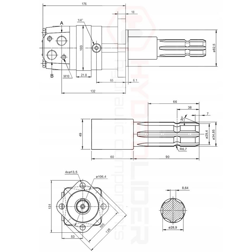 Hydrauliekmotor orbitmotoren type SMS 125 cm3/omw 600 tpm Aftakas + borgplaat