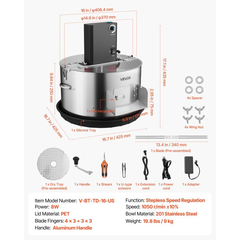 Harvester, 2 in 1 Manual and Electric 370mm Bud Cutter with Stainless Steel Blades, Wet and Dry Hydroponic Cutting Machine with Tray for Plant Buds and Flowers