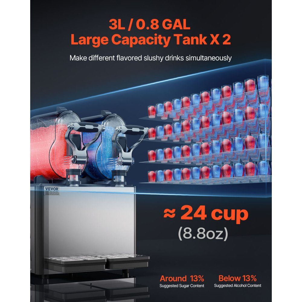 Kommerzielle Slush-Eismaschine, 3 l x 2, Doppeltankmaschine für gefrorene Getränke, 24 Tassen, Edelstahl, Slush-Eismaschine, Softeismaschine für Partys, Restaurants, Cafés, Bars, Schwarz