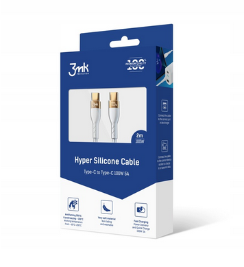 Kabel 3 mk USB-C typu C, 2 m, 100 W, hipersilikonowy, biały