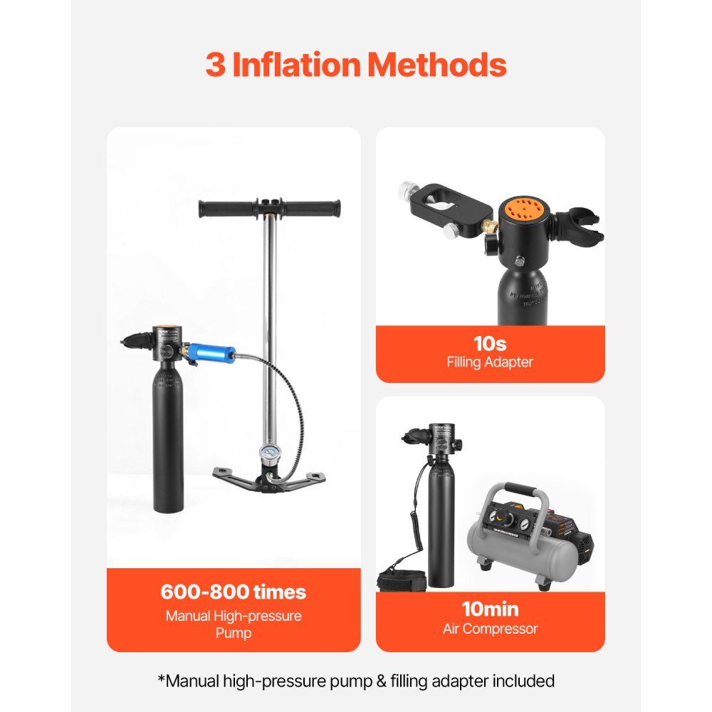 2 Diving Bottles, Portable Diving Bottle (0.5L Each), Diving Oxygen Bottle with Pump Supports 5-10 Minutes Underwater Breathing, 30m Diving Depth, Refillable Snorkel Air Tank