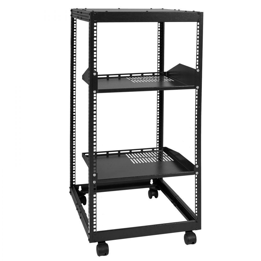 20U open frame server rack, freestanding or wall mounted network server rack, 4 post AV rack with wheels, can accommodate all your network IT equipment and AV equipment