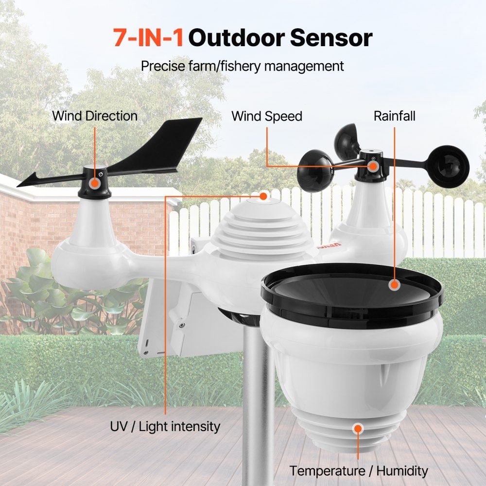 7-in-1 WiFi weather station 186 mm (7 inch) TFT display wireless outdoor sensor IPX6
